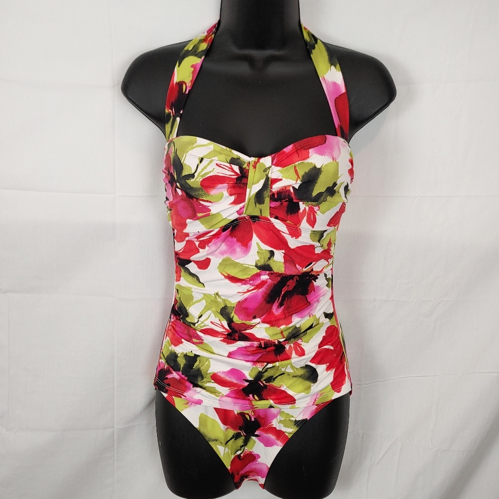 Tommy Bahama Floral Halter Tie Shirred Overlay One-Piece Swimsuit Size 8